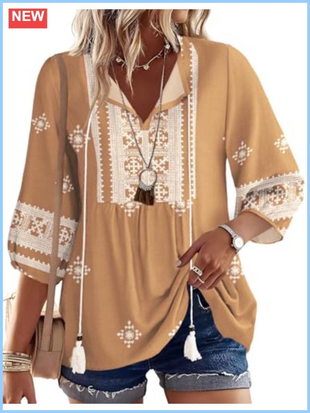 Womens Boho Tunic Top 3/4 Lantern Sleeve V Neck Tie Front Blouse